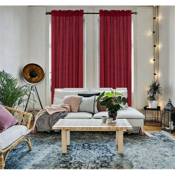 2 piece MR2 Semisheer faux silk solid window treatment curtain panel with rod pocket solid plain burgundy color for bedroom living room 55"x 84"