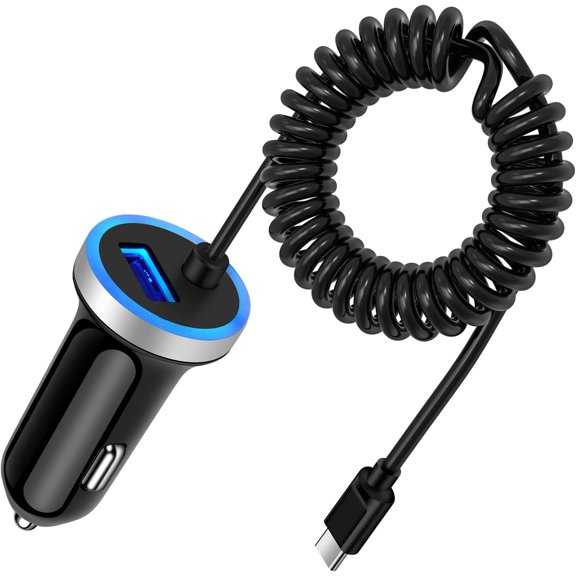 Fast Car Charger Type C Car Plug Android Phone USB C Car Charger Cigarette Lighter Adapter Fast Charging C Coiled Cable for Samsung Galaxy S26/A13 5G/S22 Ultra/S21/S20/S10/A03s/A11/A12/A21