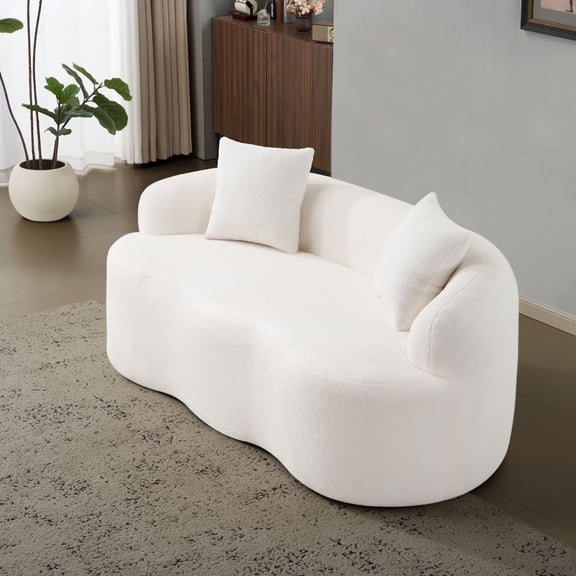 Miekor Furniture White Curved Loveseat Sofa with Round Armrest, Compression Couch with 2 Pillows, Cream Couch for Small Space, Living Room, Bedroom, No Assembly MK7957