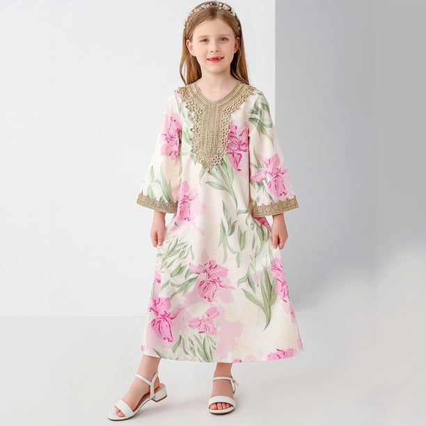 Vestido largo estilo étnico para niñas de talla mediana y grande.