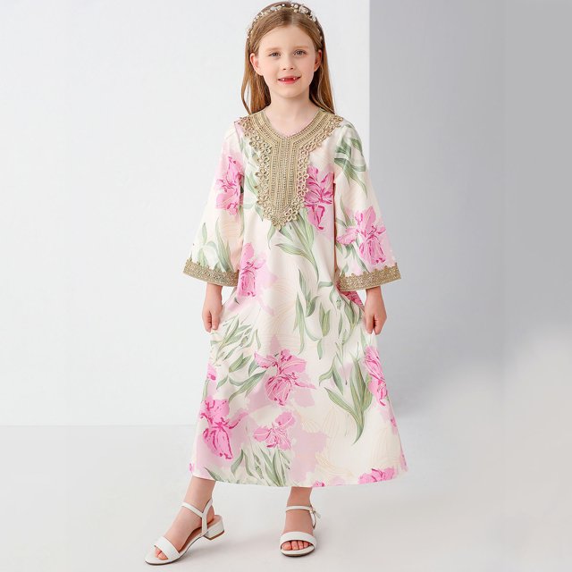 Vestido largo estilo étnico para niñas de talla mediana y grande.