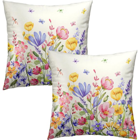 Spring Watercolor Flowers Throw Pillow Cover 16x16 Inch Pack of 2 Floral and Leaves and Butterfly Cushion Pillow Case Square Cotton Flower Pillowcase for Spring Party Bed Sofa Home Car Bedroom Outdoor