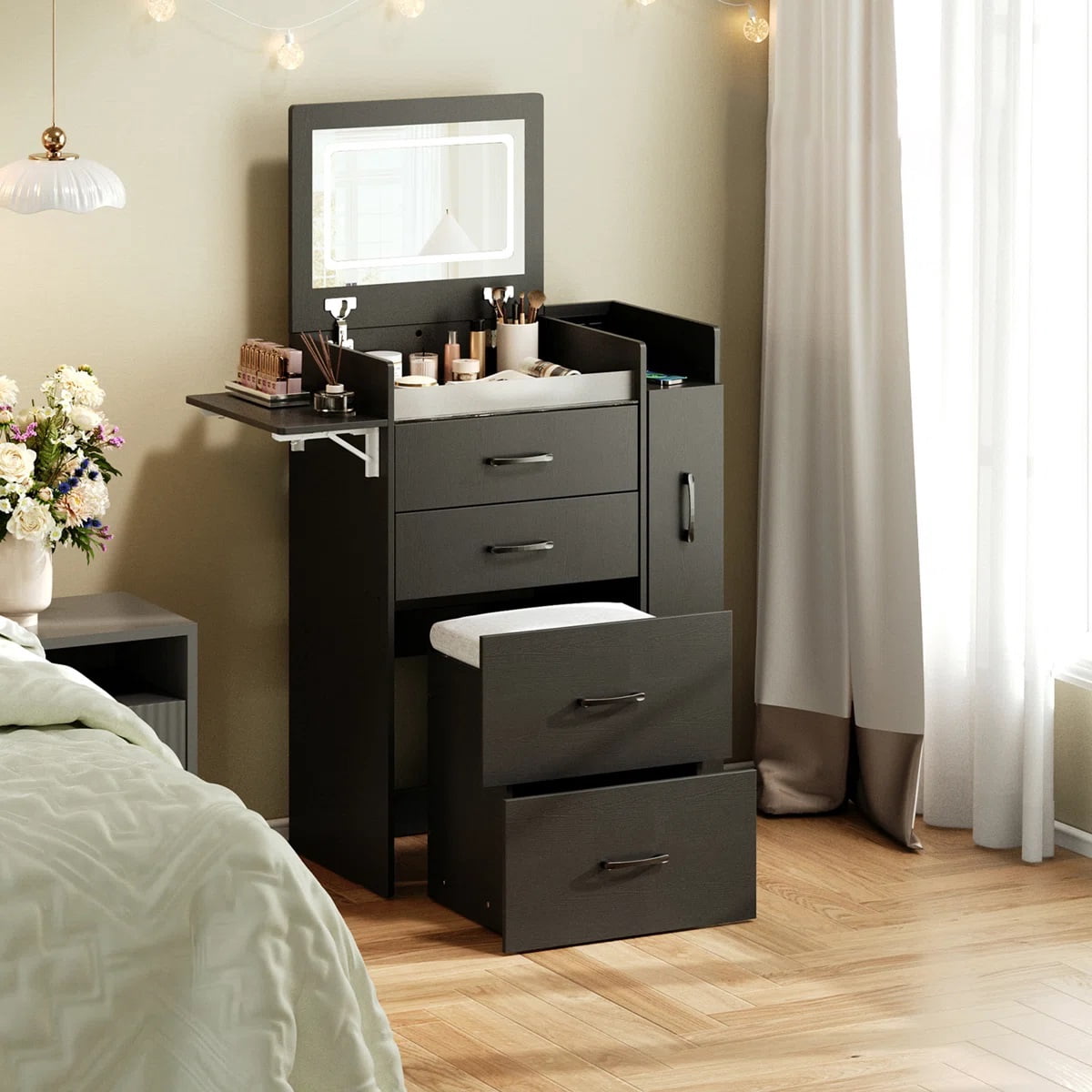 Herture 3 in 1 Vanity Desk with Flip Top Mirror, LED Lights, Side Cabinet,Collapsible Desk Panel, Hidden Stool with Storage, Small Makeup Vanity Table with Power Outlets, Compact Vanity,Black PT01DTB