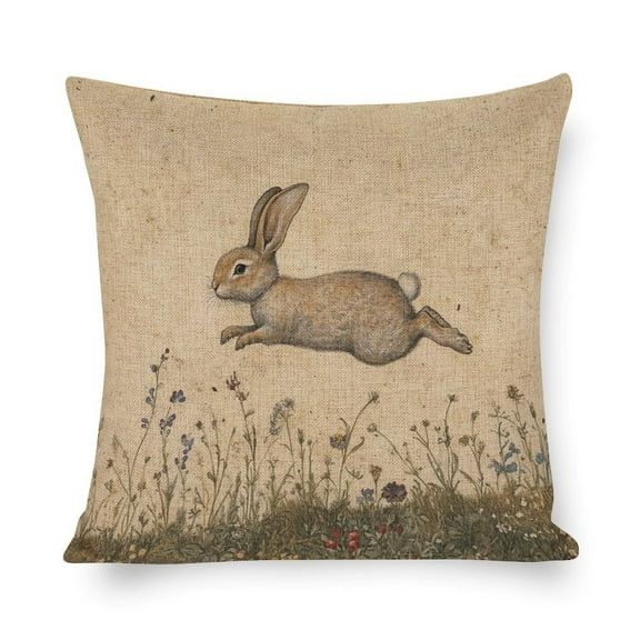 Bed Throw Pillowcases Vintage Leaping Bunny Pillowcases 16"x16" Farmhouse Easter Linen Pillow Cover Decoration for Sofa Couch for Girls Friends Daughter Niece Women
