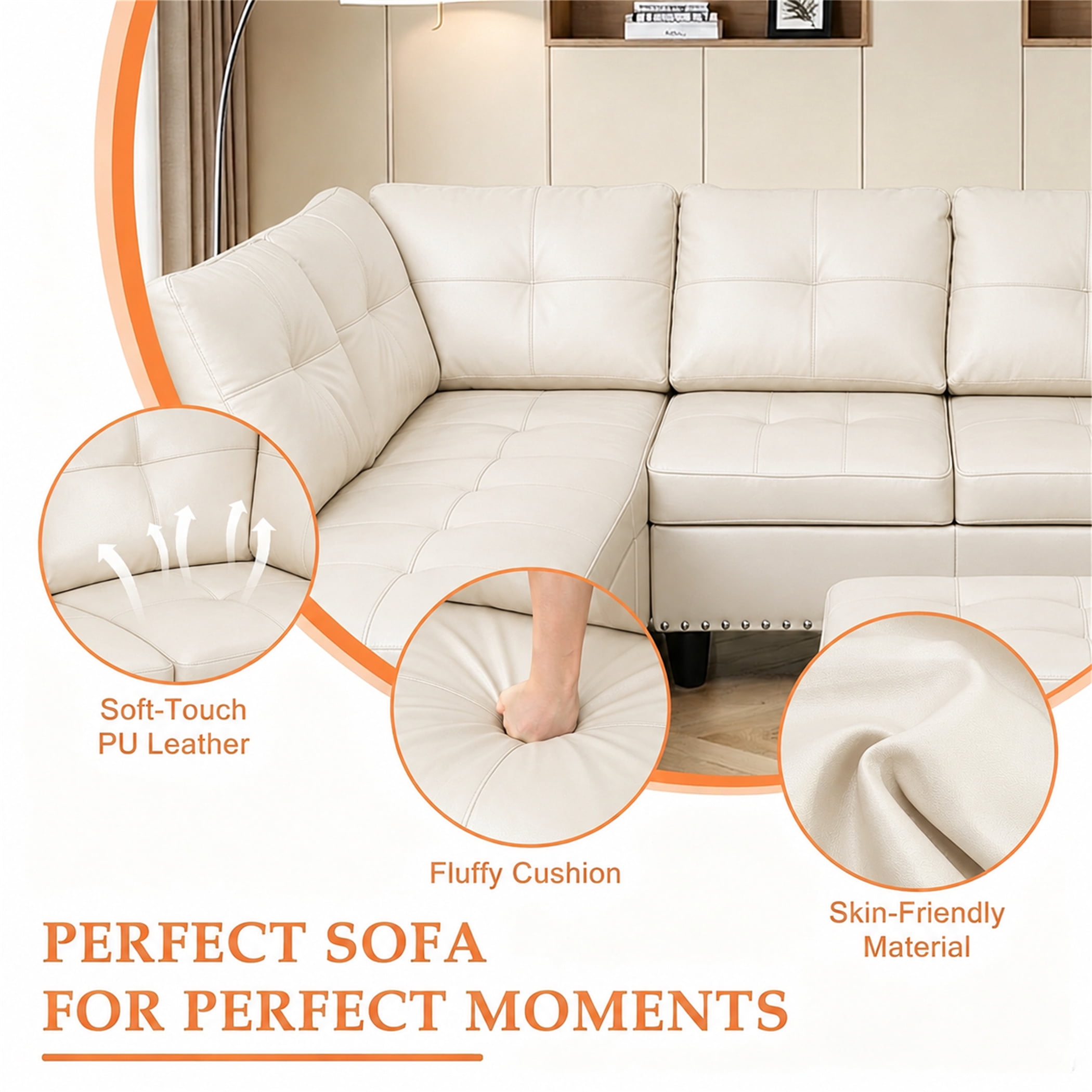 Aukfa 98" L Shaped Sectional Couch with Cup Holder Console, Tufted Back&Nailhead Trim, Oversized Left Chaise Leather Sofa for Living Room, White