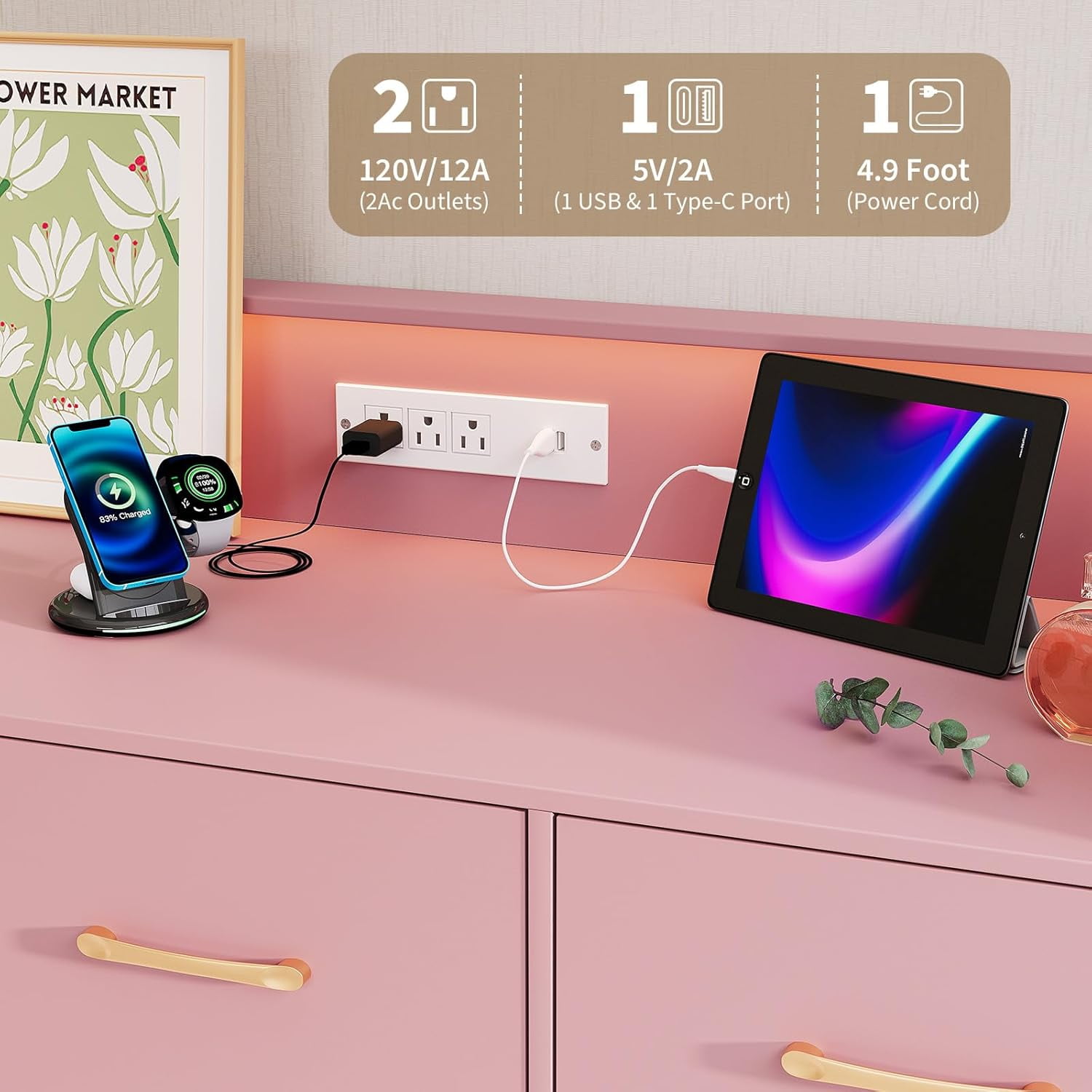 5 Drawer Dresser for Bedroom, 47 in Modern Wooden Dresser with LED Lights & Charging Station, Wide Chest of Drawers Storage Organizer for Nursery Hallway Apartments, Pink