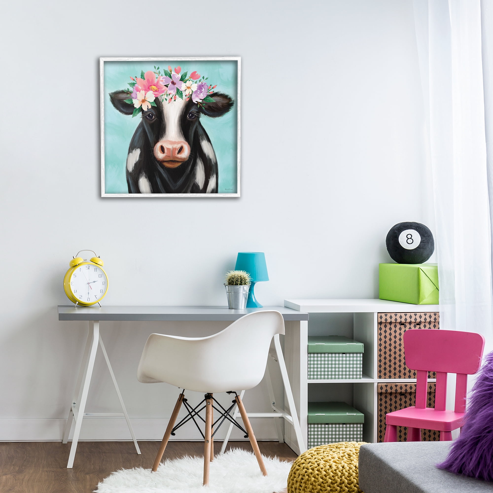 Stupell Industries Cow with Pastel Flowers Animals & Insects Painting White Framed Art Print Wall Art, 24 x 24