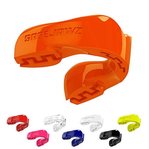 SAFEJAWZ Mouthguard Slim Fit, Adults and Junior Mouth Guard with Case for Boxing, Basketball, Lacrosse, Football, MMA, Martial Arts, Hockey and All Contact Sports (Orange, Youth (Up to