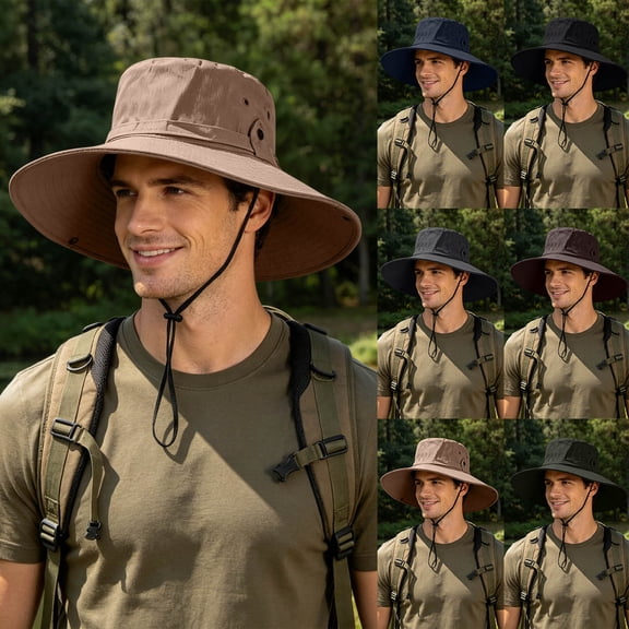 UPF 50 Men's Sun Hat Wide Brim Bucket Hat UV Protection Hat for Mens Womens Beach Sai Gardening Golf Fishing Adjustable Fit, Chin Strap Khaki Free Size