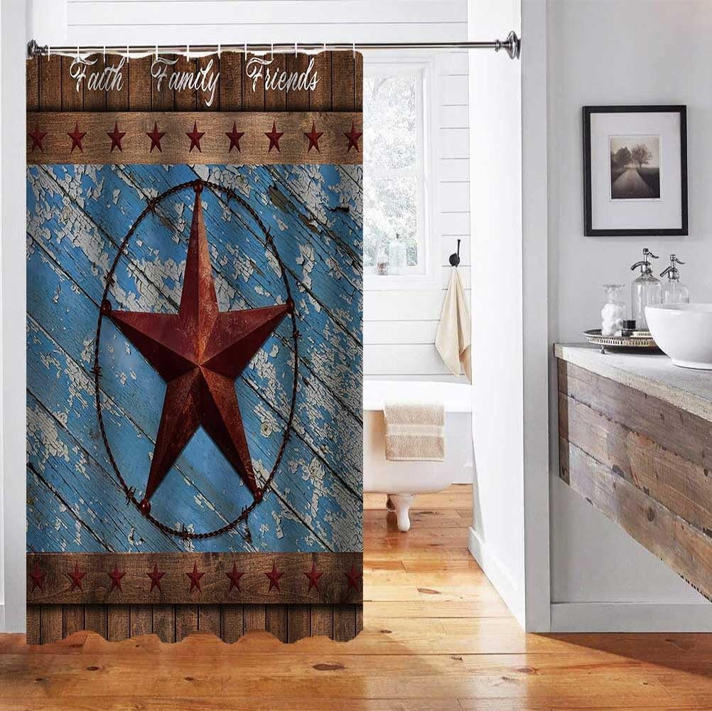 Texas Star Shower Curtain, Western Shower Curtain, Red Texas Star Lone Star Country Vintage Blue Wooden Board Rustic Farmhouse Bathroom Decor, Waterproof Fabric Shower Curtain, 72 X 72 Inch