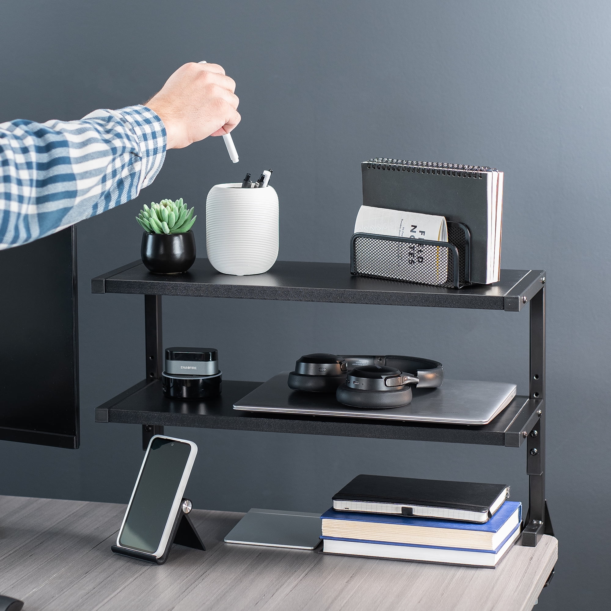 VIVO Black Clamp-on 24" Above or Below Desk 2-Tier Shelving Unit, Desk Organizer