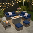 thumbnail image 4 of Patiojoy 9 Pieces Outdoor Patio Furniture Set with 42" Propane Fire Pit Table Outdoor PE Wicker Space-Saving Sectional Sofa Set Navy, 4 of 10