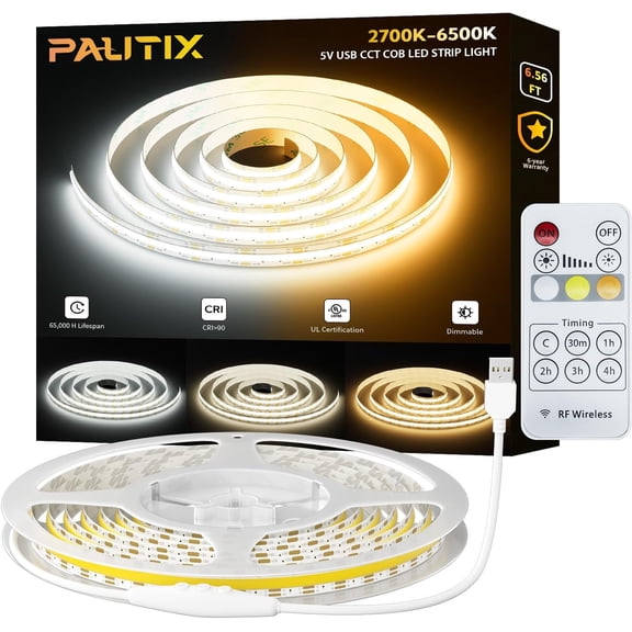 5V USB COB LED Strip Lights with RF Remote,Dotless 2700K-6500K CCT Tunable White Dimmable 6.56ft TV Backlight,Flexible Under Cabinet Tape Light for Bedroom,Kitchen,Shelf DIY Lighting