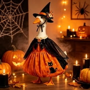Halloween Witch Themed Dress And Hat Set For 19 To 23 Inch Porch Goose Statue Fall Yard Decor With Black Cat And Pumpkin Motifs