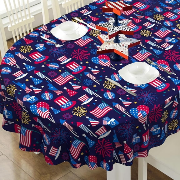 4th of July Oval Tablecloth Memorial Day Patriotic American Flag Table Cloths for Indoor and Outdoor Kitchen Dining-60 x102