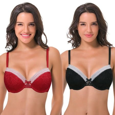 

Curve Muse Womens Plus Size Lightly Padded Balconette Lace Underwire Bra-2Pack-BLACK RED-46B