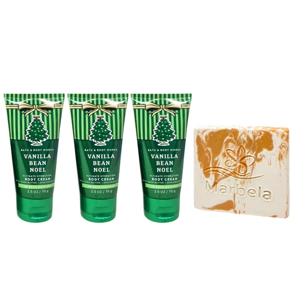 Bath & Body Works Vanilla Bean Noel - 3 Ultimate Hydration Body Creams with a Peach Gardenia Mini Soap - Travel Size