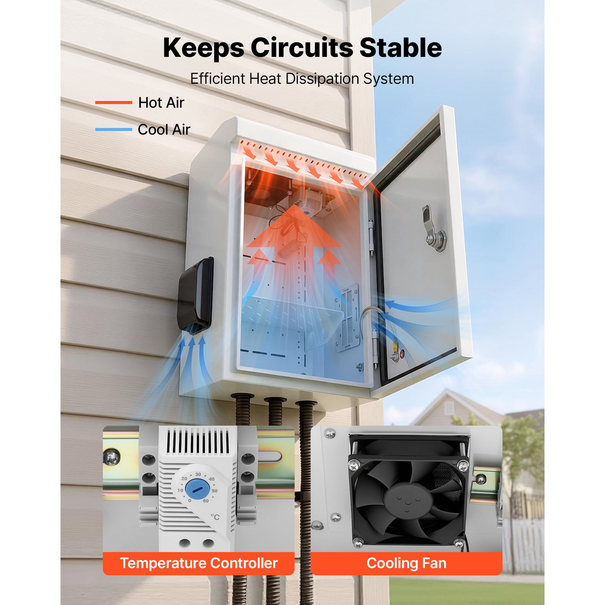KFFKFF Outdoor Electrical Enclosure, Cold-Rolled Steel, Junction Box with Built-In Thermostat and Fan, Weather Hood, Ventilated Structure, IP65 Waterproof Hinged Design,16 x 12 x 8 in