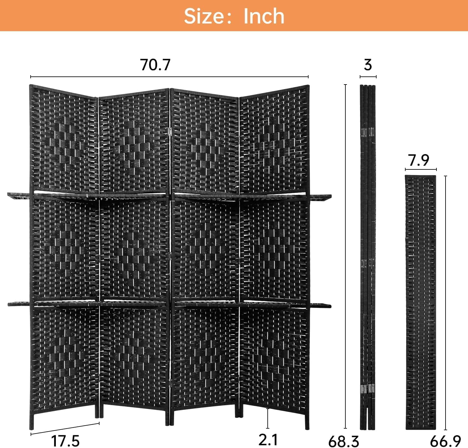 Dkelincs 71 inch Wooden Room Dividers 4 Panel Portable Folding Privacy Screen with Shelves, Black