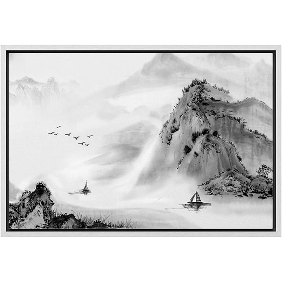 wall26 Framed Canvas Print Wall Art Chinese Ink Style Mountain, River and Boat Nature Wilderness Illustrations Modern Rustic Scenic Colorful for Living Room, Bedroom, Office - 24"x36" White