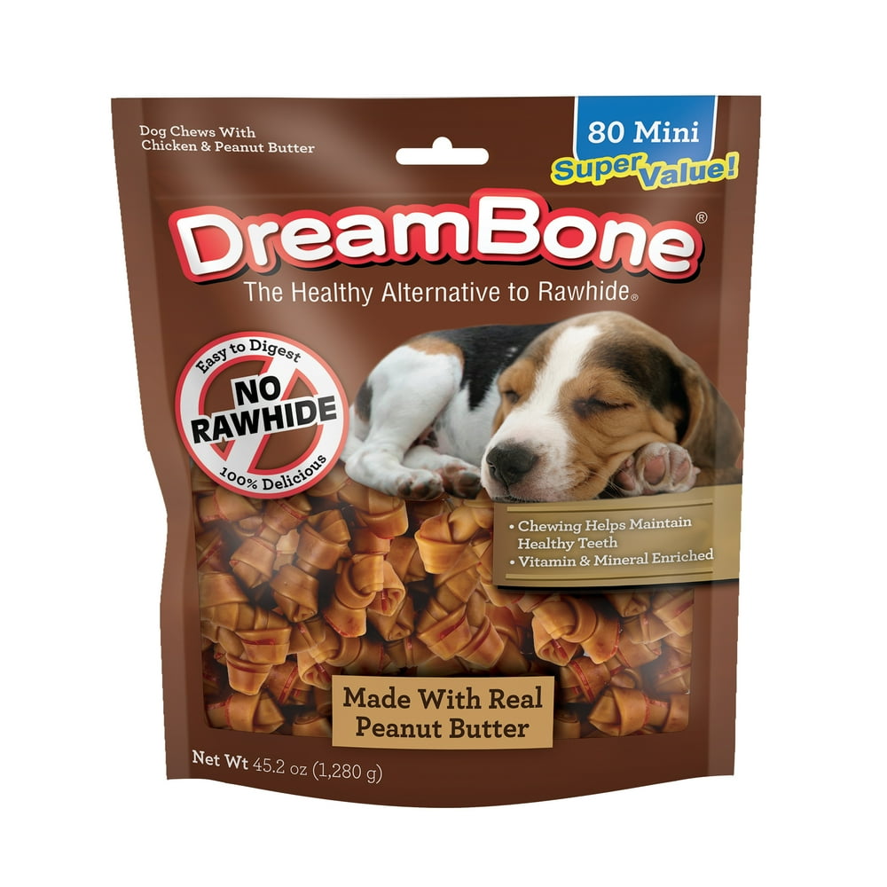 DreamBone Peanut Butter Flavored RawhideFree Dog Chews, Mini, 45.2 Oz