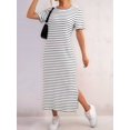 thumbnail image 5 of Women'S Crew Neck Short Sleeve All-over Striped Side Split Loose Midi Casual Dress Black & White L, 5 of 7