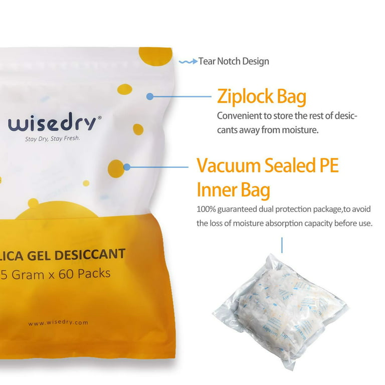 wisedry 5 Gram 60 Packs Silica Gel Packets Rechargeable Desiccant