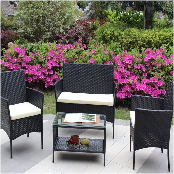 Black 4-Piece Outdoor Patio Furniture Set with Cushions, PE Wicker Sofa Set and Glass Top Table