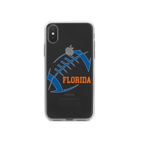 DistinctInk Clear Shockproof Hybrid Case for iPhone XS Max (6.5" Screen) - TPU Bumper, Acrylic Back, Tempered Glass Screen Protector - Florida Football - Orange, Blue