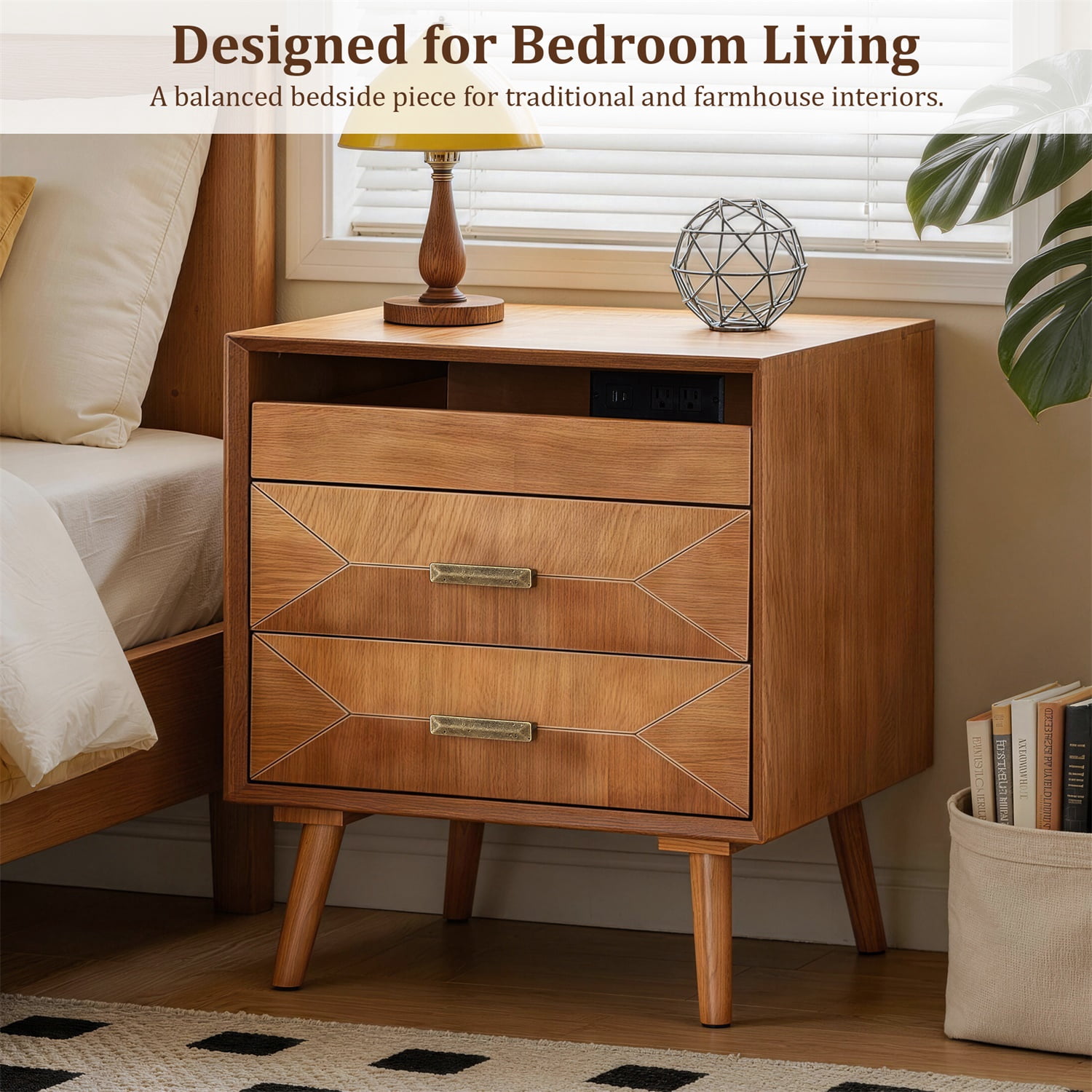 Hommoo 24" Mid-Century Modern Nightstand with Built-in Charging Station, Solid Wood & MDF Bedside Table, 2 Drawers & Open Shelf for Bedroom, Living Room or Home Office, Light Oak