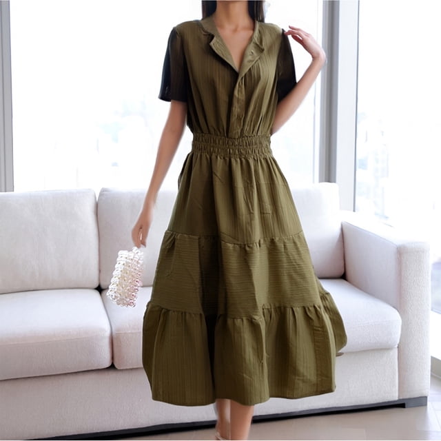 WILLBEST Vestidos Largos Casuales Para Mujer Verano 2025 Vestidos Casuales Midi Maxi Vestidos Ligeros Manga Corta Cuello En V Cintura Elástica Vestido De Playa Bohemio Bolsillos