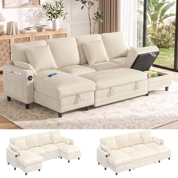 Sectional Sleeper Sofa with Pull Out Bed U-Shape Sectional Couch with with Double Under-Seat Storage & USB Type-C Charging Ports,Corduroy ,5 Seater 104''