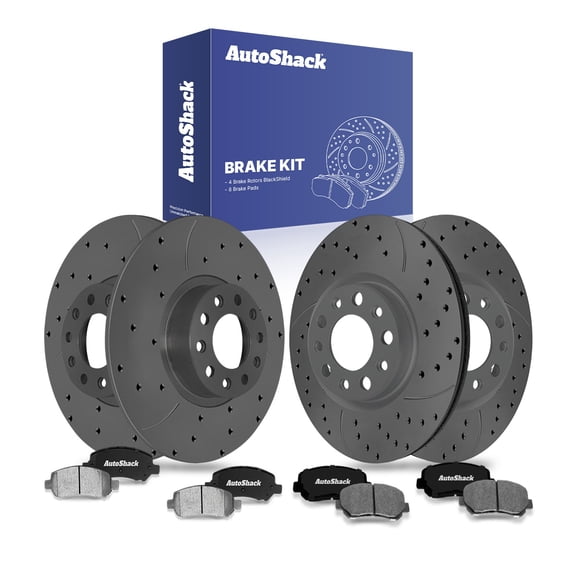 AutoShack Front & Rear Drilled & Slotted Brake Rotors Ceramic Brake Pads | Replacement For 2013-2016 Dodge Dart 1.4L 2.0L 2.4L FWD | Black Matte Finish | 12-PC Brake Kit | BlackShield