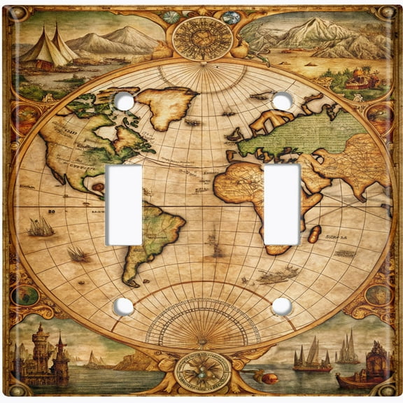 Metal Light Switch Wall Plate Outlet Cover (Vintage Pirate World Map - Double Toggle)