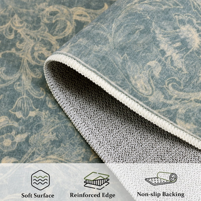 ATHOPE Floral 2x6 Area Rug, Machine Washable Rugs Soft Non Slip Low Pile Rugs for Living Room Bedroom Nursery Kitchen Dining Room Indoor, Floral Print Pattern Runner Carpet, Blue