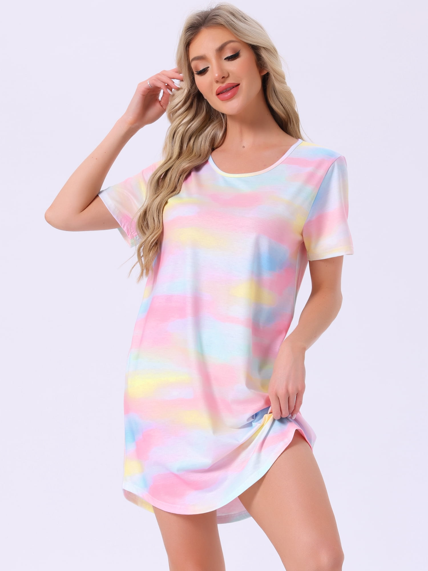 DARING DIVA Women's Colorful Striped Short Sleeve Nightgown S Light Rainbows