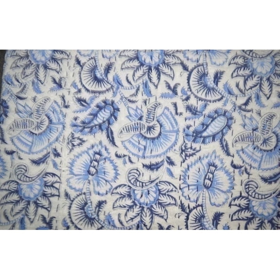 Bedding Blue Floral Block Print Indian Kantha Quilt, Handmade Cotton Lightweight Bedspread