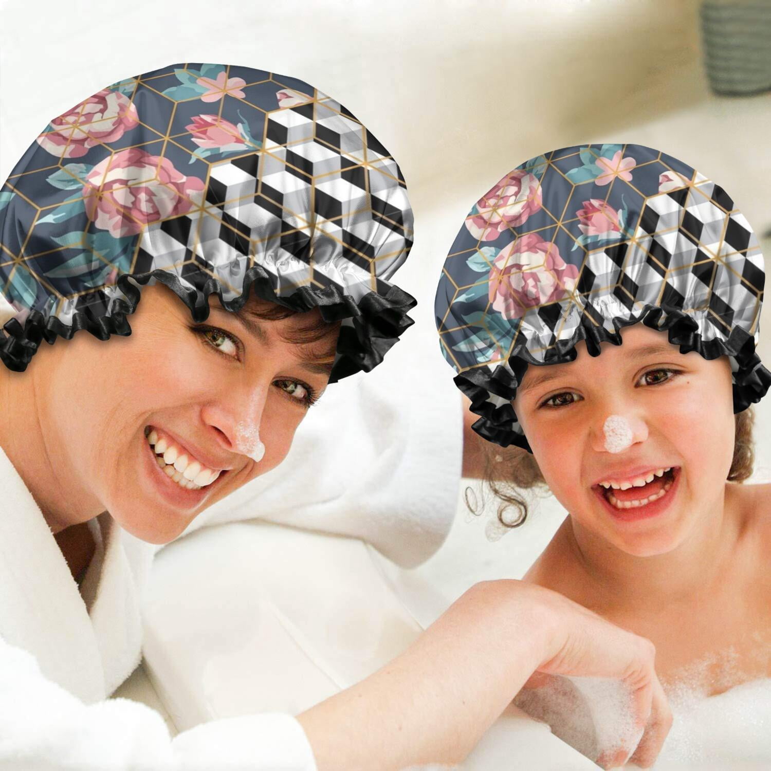 Shower Caps,Pioneer Flower Floral Print Pattern Waterproof Shower Cap for Women 4 Pieces,Double Reusable Hair Cover for Shower PEVA Elastic Stretch Hem