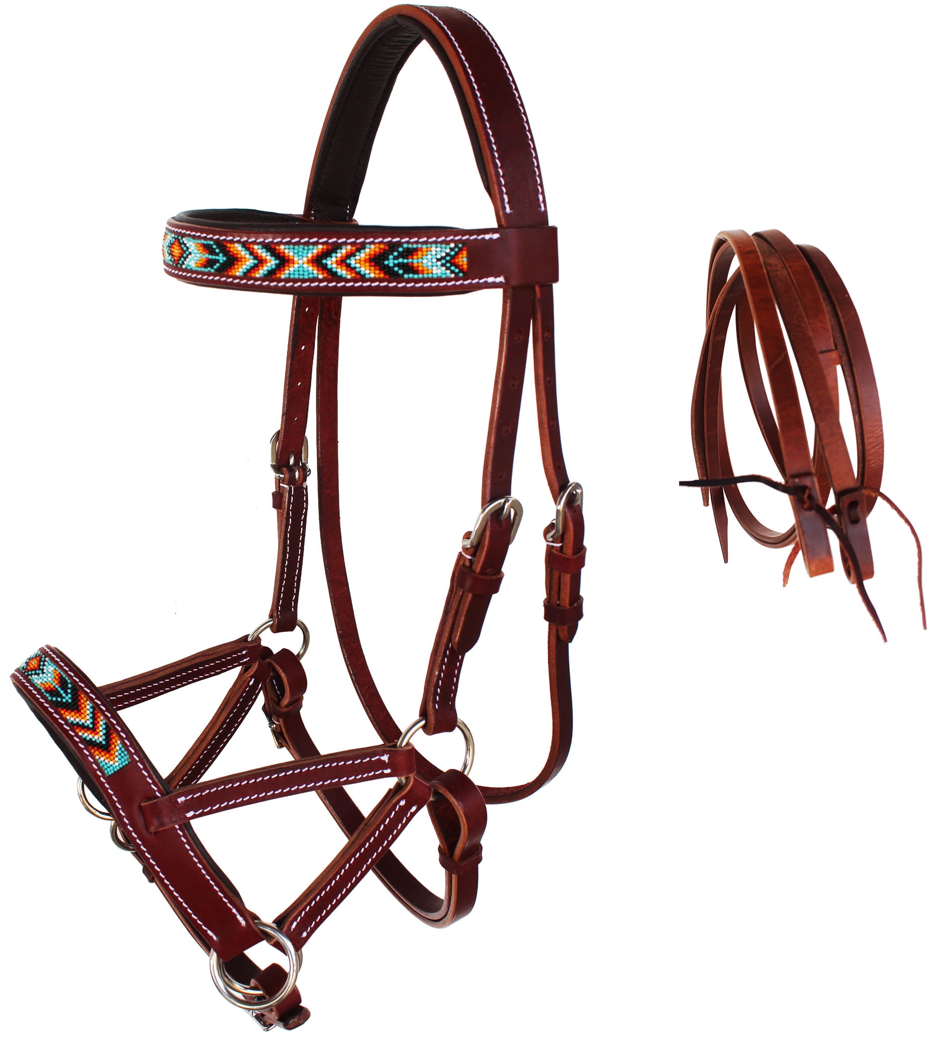 Horse Western Leather Beaded Bitless Sidepull Bridle Reins 77RS22MGF