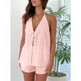thumbnail image 4 of Women'S Summer Solid Loose Fit Sexy- Backless Halter Tie Front Tops and High Waisted Shorts 2 Piece Pink M, 4 of 9