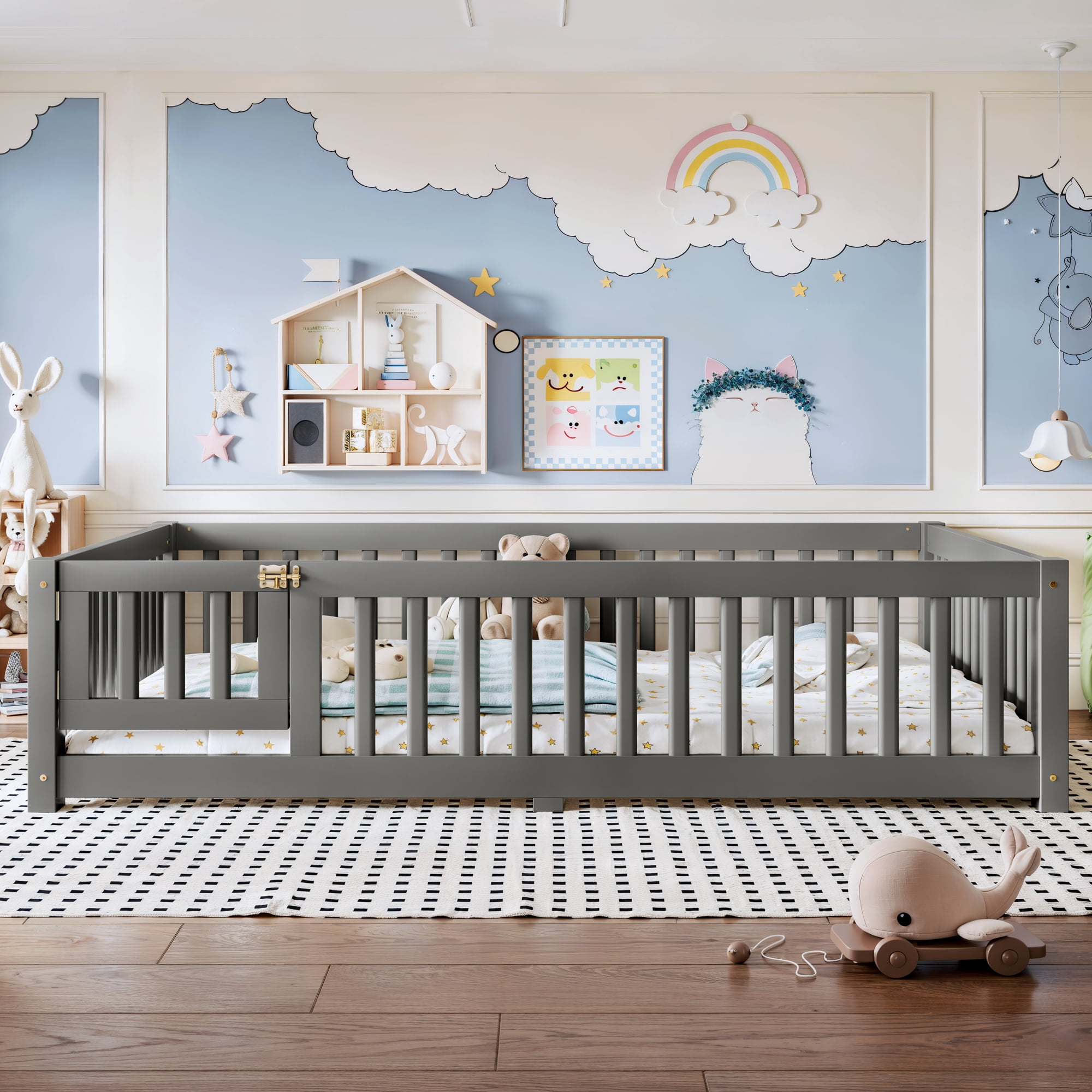 Full Size Kids Floor Bed with Safety Guardrails & Removable Door, Solid Pine Wood Montessori Bed, Gray