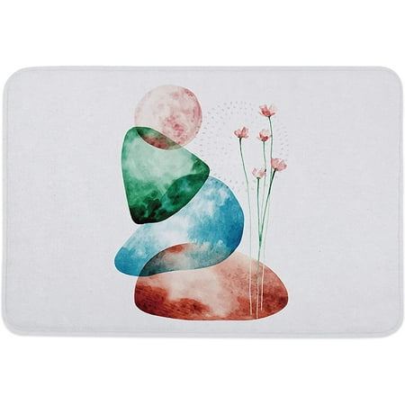 

Watercolor Stones Door Mat Anti-Skid Welcome Mat Absorbent Floor Mat Front Doormat for Kitchen Bathroom Entryway Patio High Traffic Areas Colorful Stone and Flowers Plants 20x32 Inch