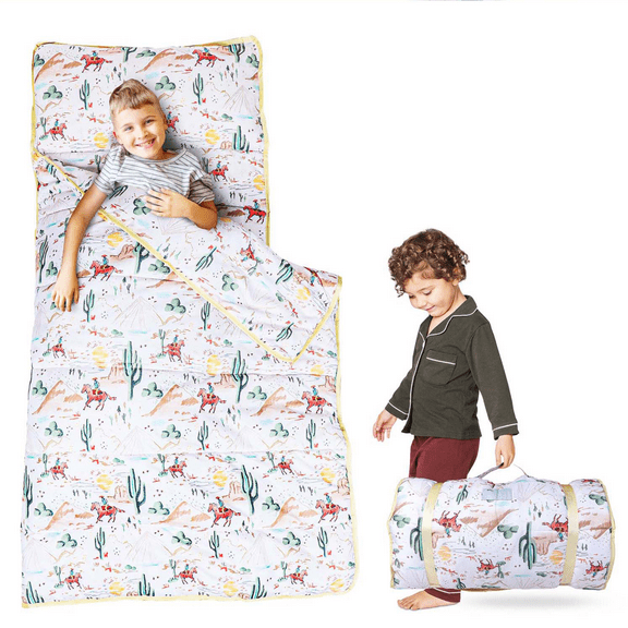 Morxy Toddler Nap Mat with Pillow & Blanket - Extra Large Portable Roll Up Nap Mats with Name Tag - Thick Kids Sleep Mat for Daycare, Preschool, Travel and Camping - Western Cowboy