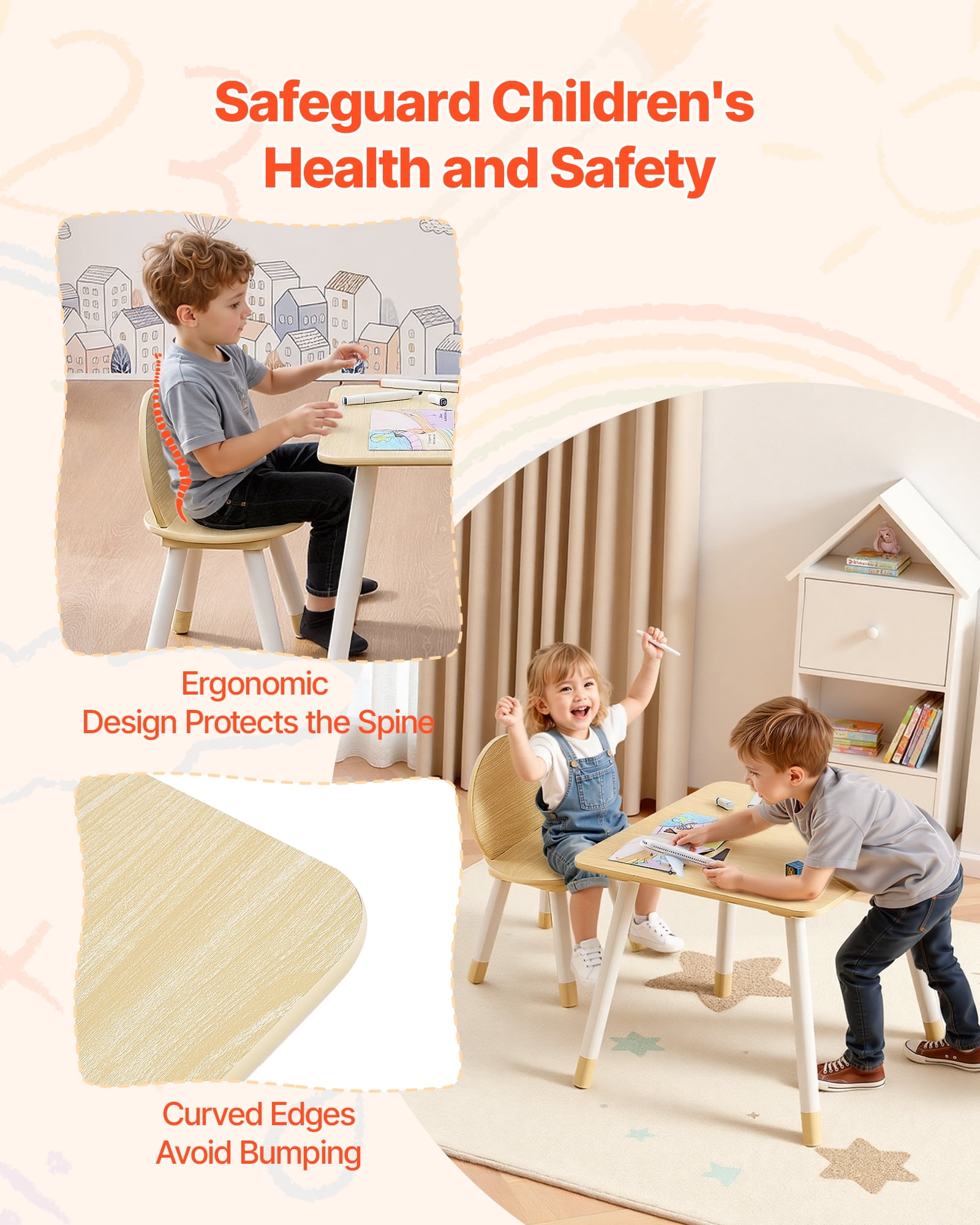 VEVOR Kids Table and 2 Chairs Set, Toddler Table and Chair Set with Rounded Edge Design & Graffiti Desktop, Wooden Desk for Art, Craft, Reading, Learning, Drawing, Classroom/Daycare/Home, Burlywood