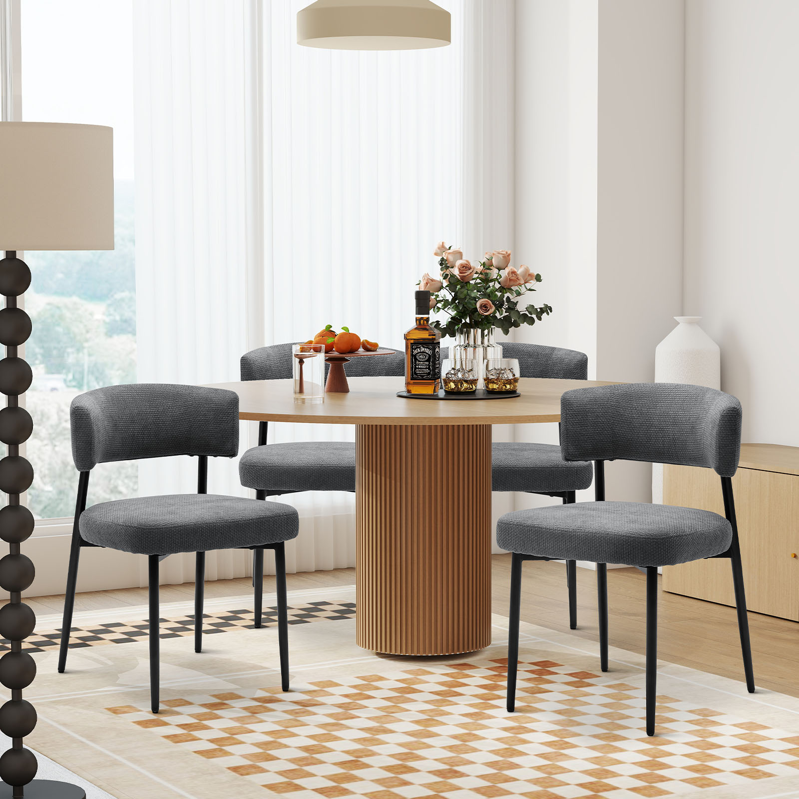 EDX Dining Chairs Set of 4, Mid Century Modern Chair Round Upholstered Curved Backrest, Kitchen Vanity Living Room Chairs with Black Metal Legs, Grey