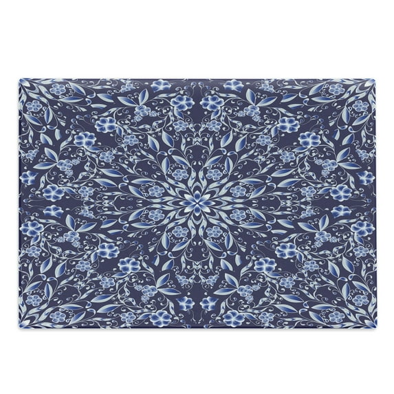 Winter Cutting Board, Chinese Painting Style Art Traditional Floral Interlace Themed Print, Decorative Tempered Glass Cutting and Serving Board, Large Size, Dark Violet Blue, by Ambesonne
