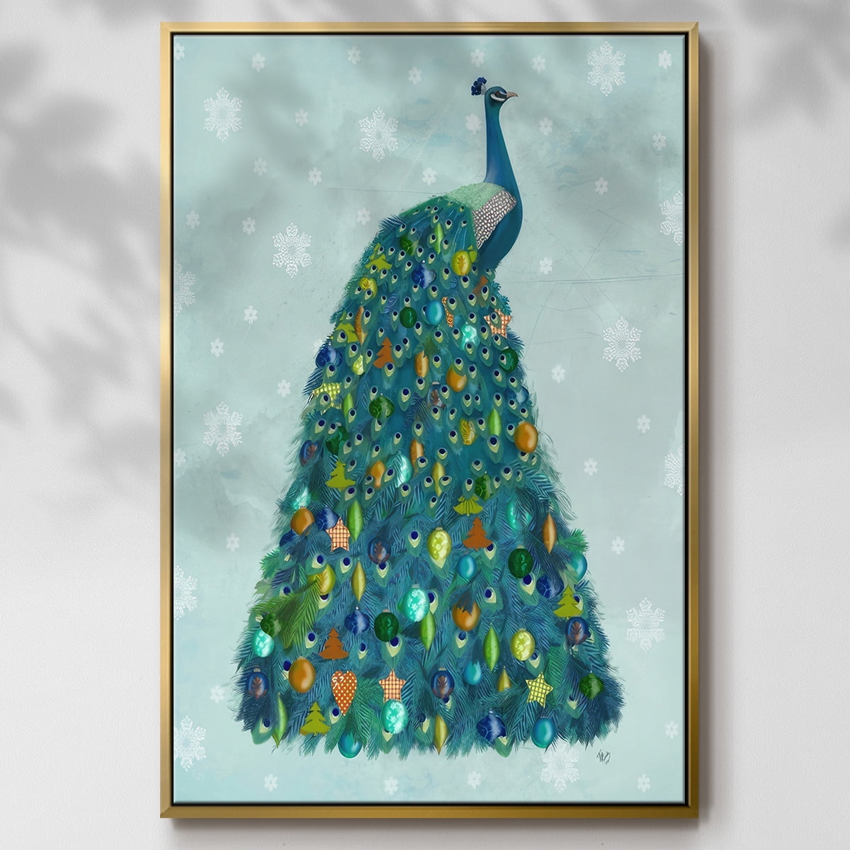 Christmas Peacock Christmas Tree - Framed Gallery Wrapped Holiday Canvas - 25 x 37 - Gold Frame