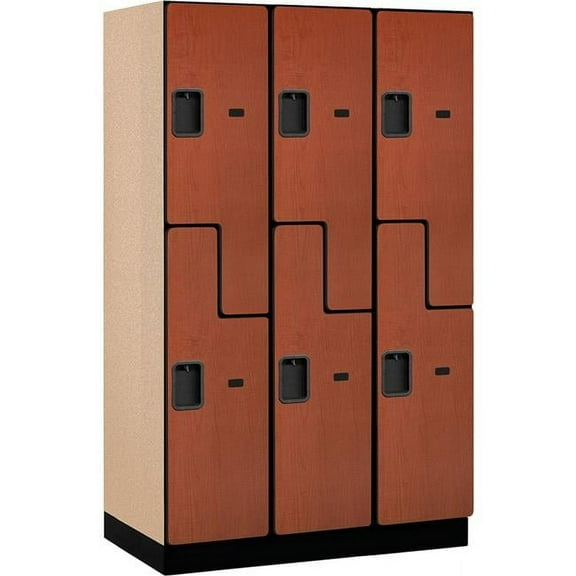 Assembled Double Tier 6 Door Extra Wide Designer Wood Locker, Cherry - 15 x 21 x 72 in.