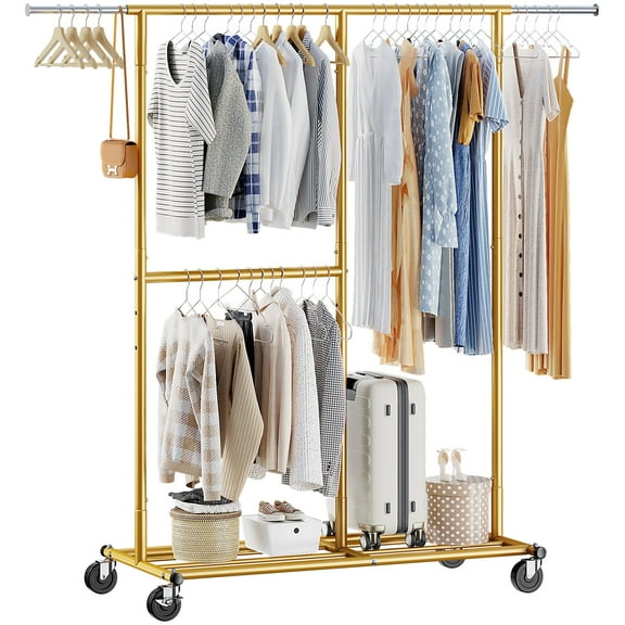 Clothes Rack Loads 410LBS Portable & Adjustable Clothing Rack with Wheels, 17.8" D x 69.1" W x 72" H, Gold