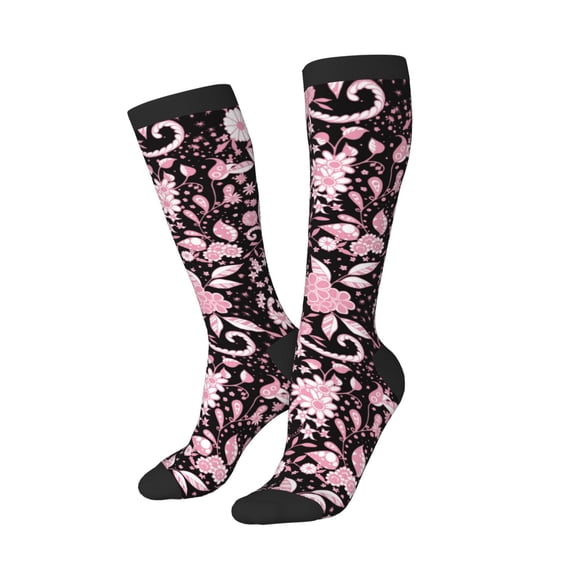 Knee High Socks for Women Men Athletic - Pink Leaves Daisies Flowers Thigh-High Black Sole Comfort Breathable Long Socks for Casual Travel Running